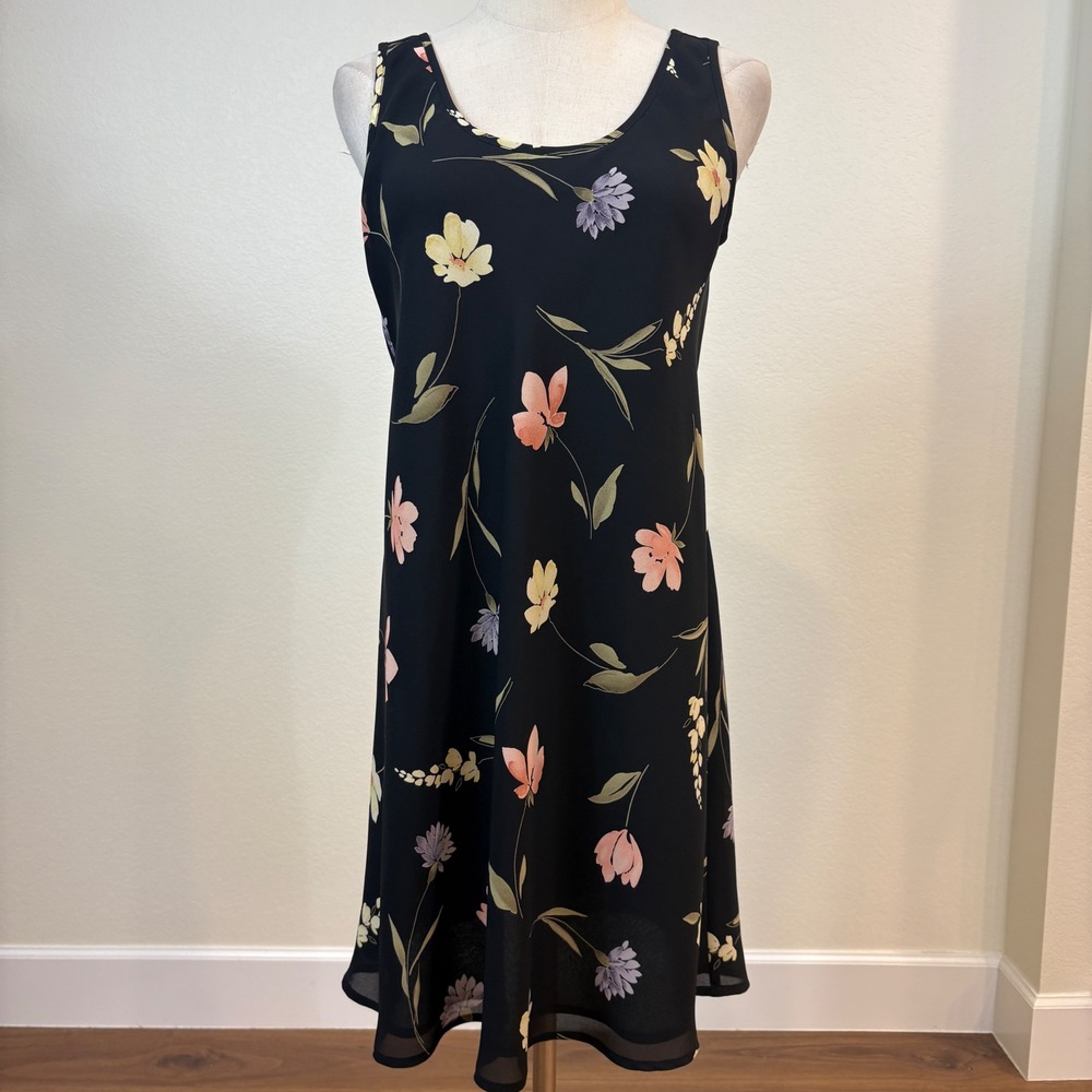 Vtg 90s Express Floral Mini Dress 5/6 Black Sleeveless‎ Shift soft grunge Fairy